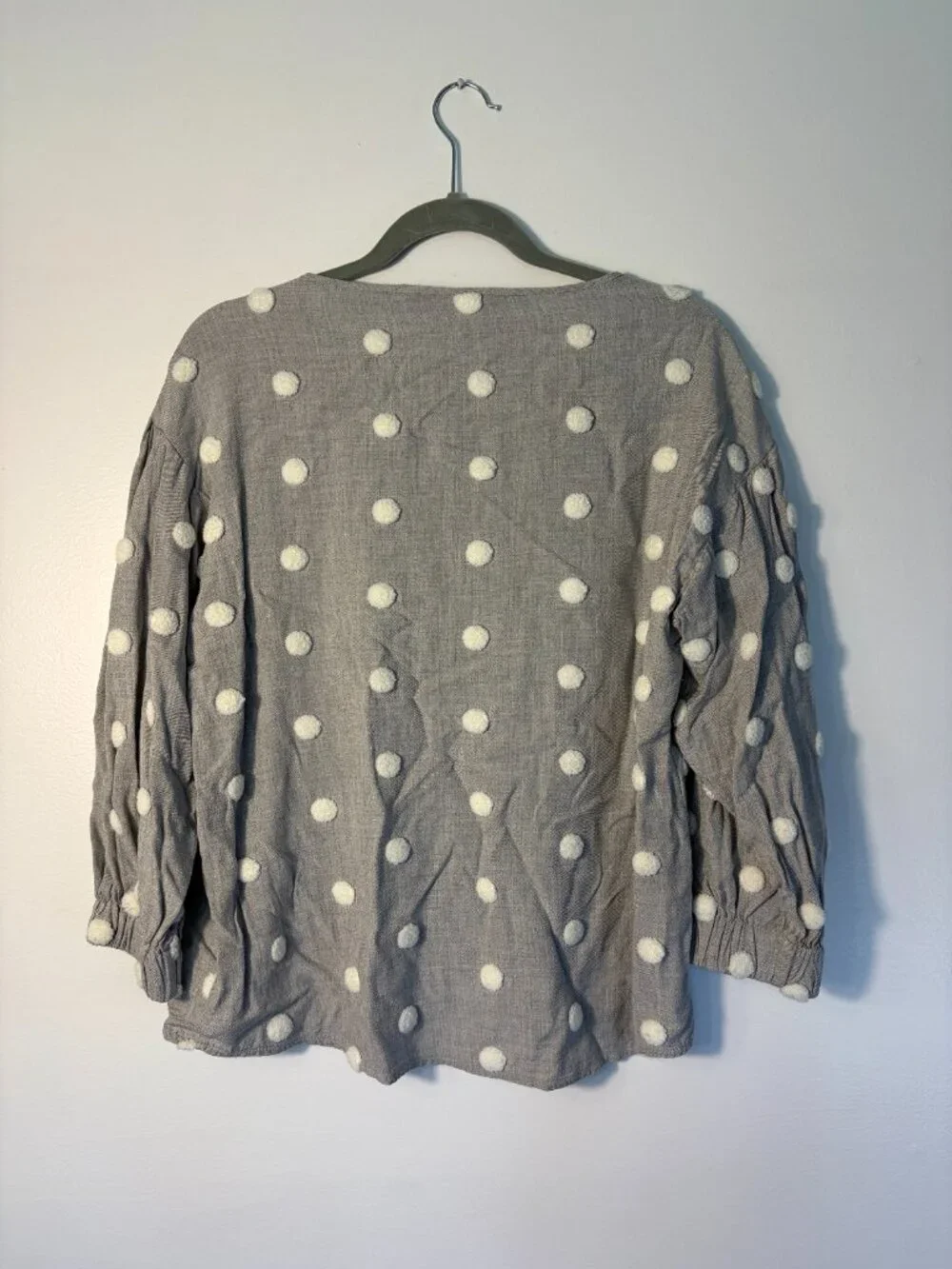 Zara Gray White Puff Polka Dot Balloon Sleeve Blouse